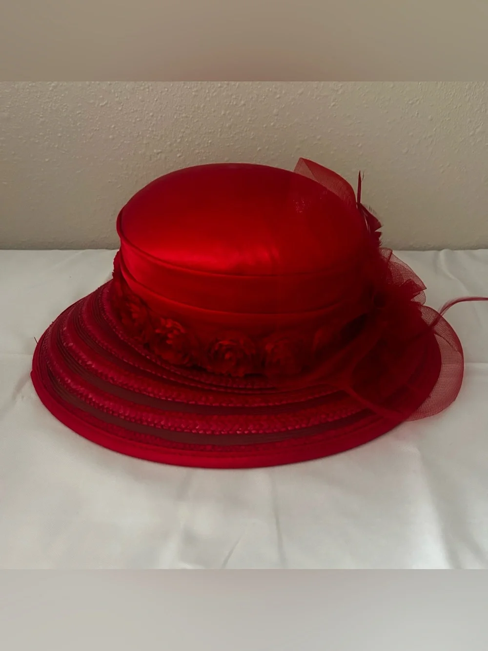 Elegant Red Women's Dress Hat with Floral Trim